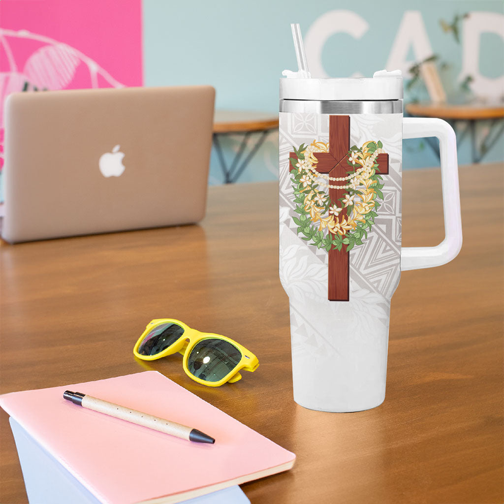 Hawaii ⁠Ka Pule a ka Haku Memorial Tumbler With Handle Flower Lei Cross - Ivory White
