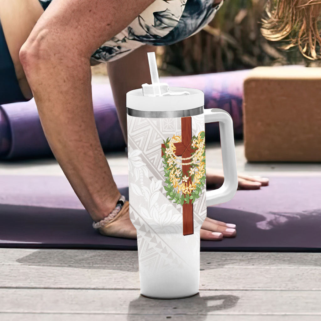 Hawaii ⁠Ka Pule a ka Haku Memorial Tumbler With Handle Flower Lei Cross - Ivory White