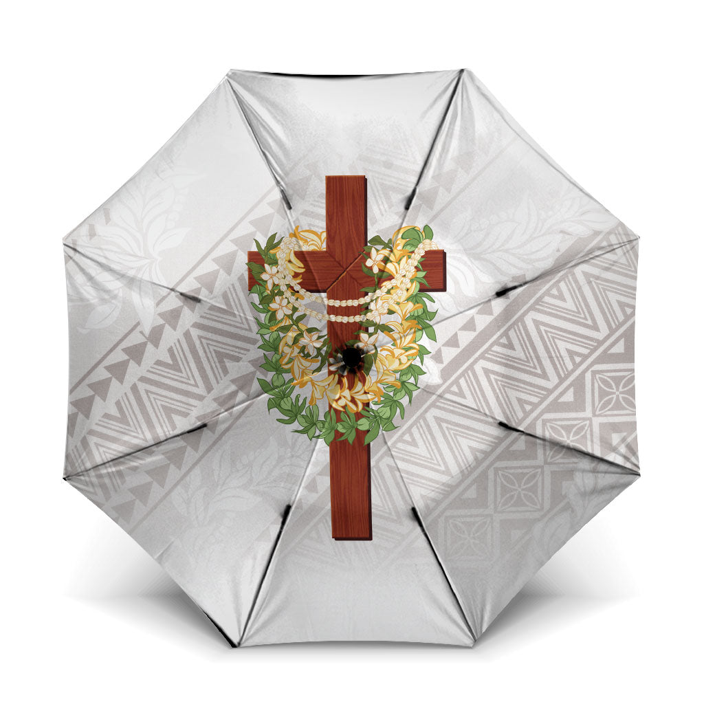 Hawaii ⁠Ka Pule a ka Haku Memorial Umbrella Flower Lei Cross - Ivory White