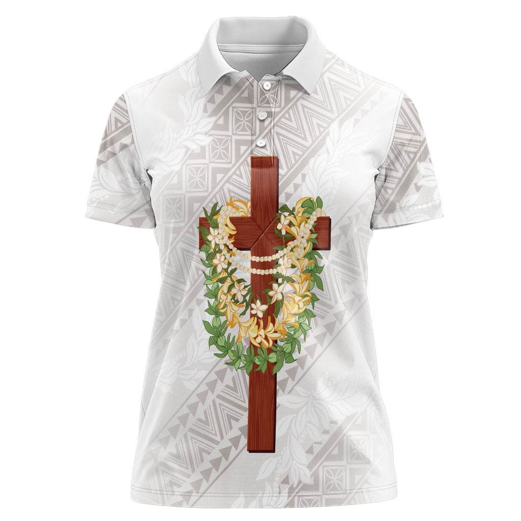 Hawaii ⁠Ka Pule a ka Haku Memorial Women Polo Shirt Flower Lei Cross - Ivory White