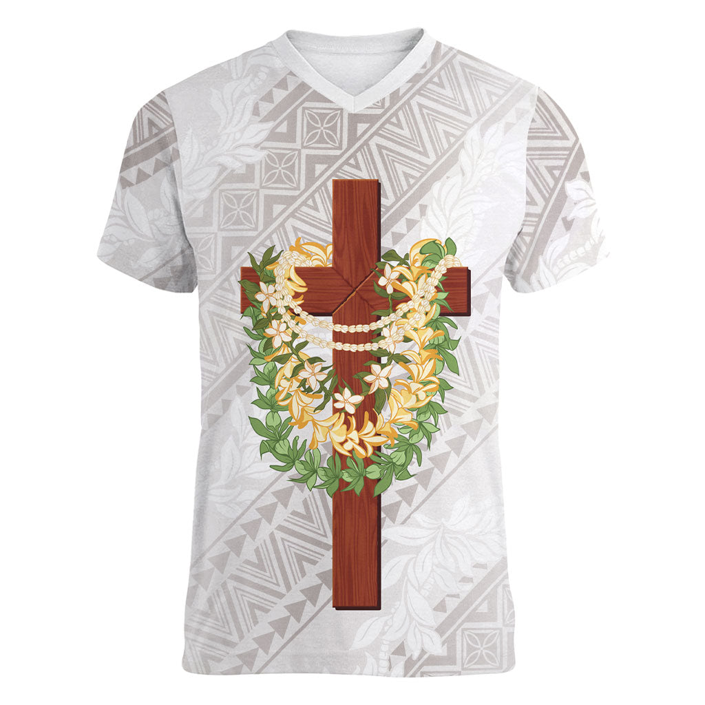 Hawaii ⁠Ka Pule a ka Haku Memorial Women V-Neck T-Shirt Flower Lei Cross - Ivory White