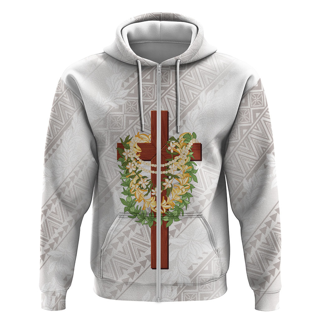 Hawaii ⁠Ka Pule a ka Haku Memorial Zip Hoodie Flower Lei Cross - Ivory White
