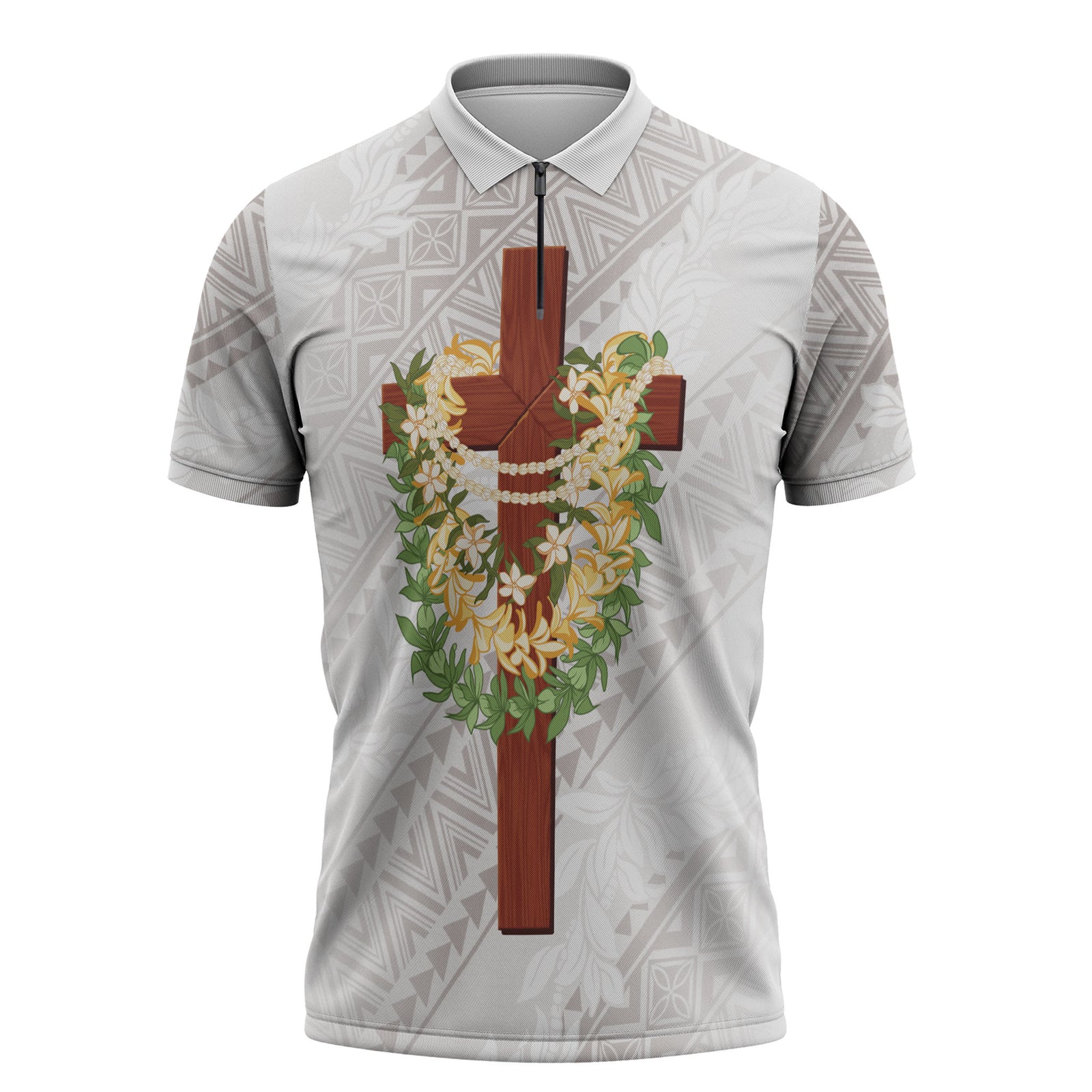 Hawaii ⁠Ka Pule a ka Haku Memorial Zipper Polo Shirt Flower Lei Cross - Ivory White