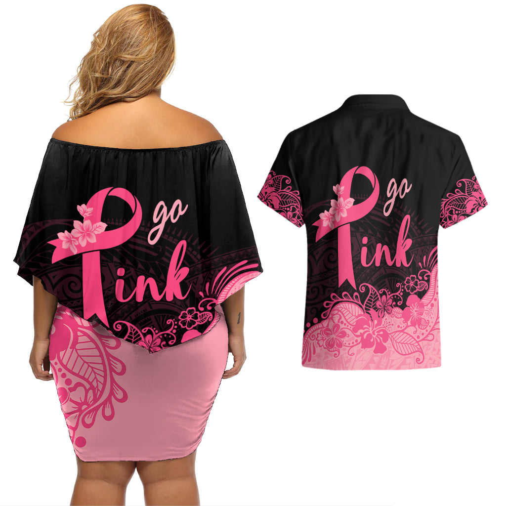 Polynesian Couples Matching Off Shoulder Short Dress and Hawaiian Shirt Plumeria Breast Cancer Awareness Survivor Ribbon Pink LT7 - Polynesian Pride