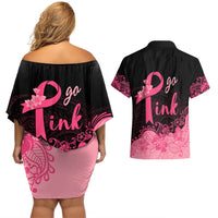 Polynesian Couples Matching Off Shoulder Short Dress and Hawaiian Shirt Plumeria Breast Cancer Awareness Survivor Ribbon Pink LT7 - Polynesian Pride