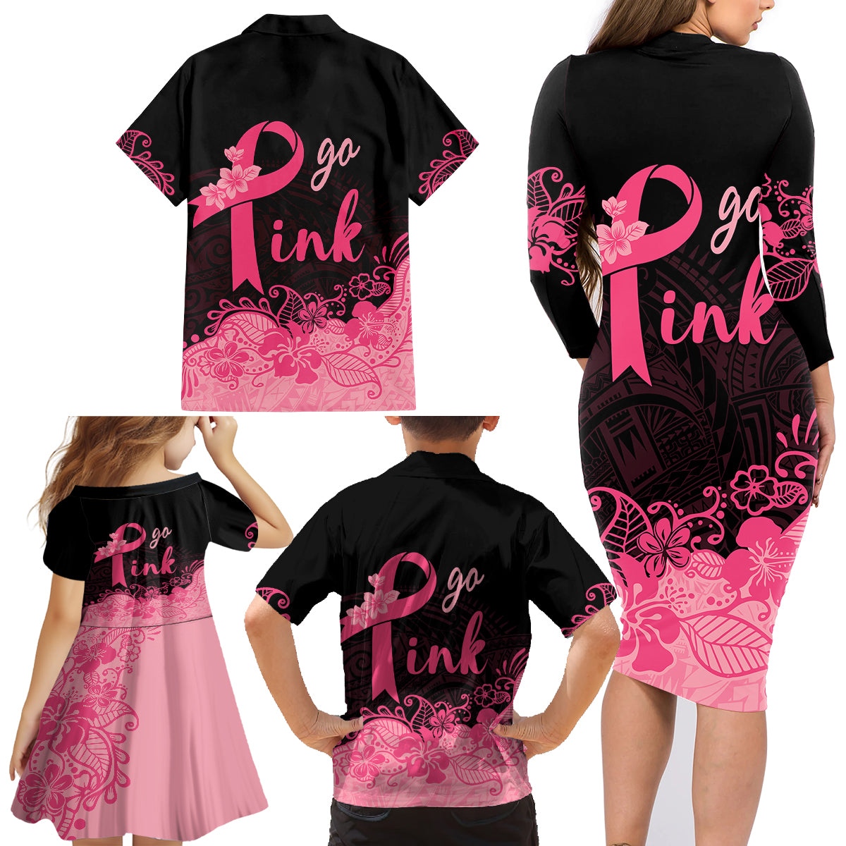 Polynesian Family Matching Long Sleeve Bodycon Dress and Hawaiian Shirt Plumeria Breast Cancer Awareness Survivor Ribbon Pink LT7 - Polynesian Pride