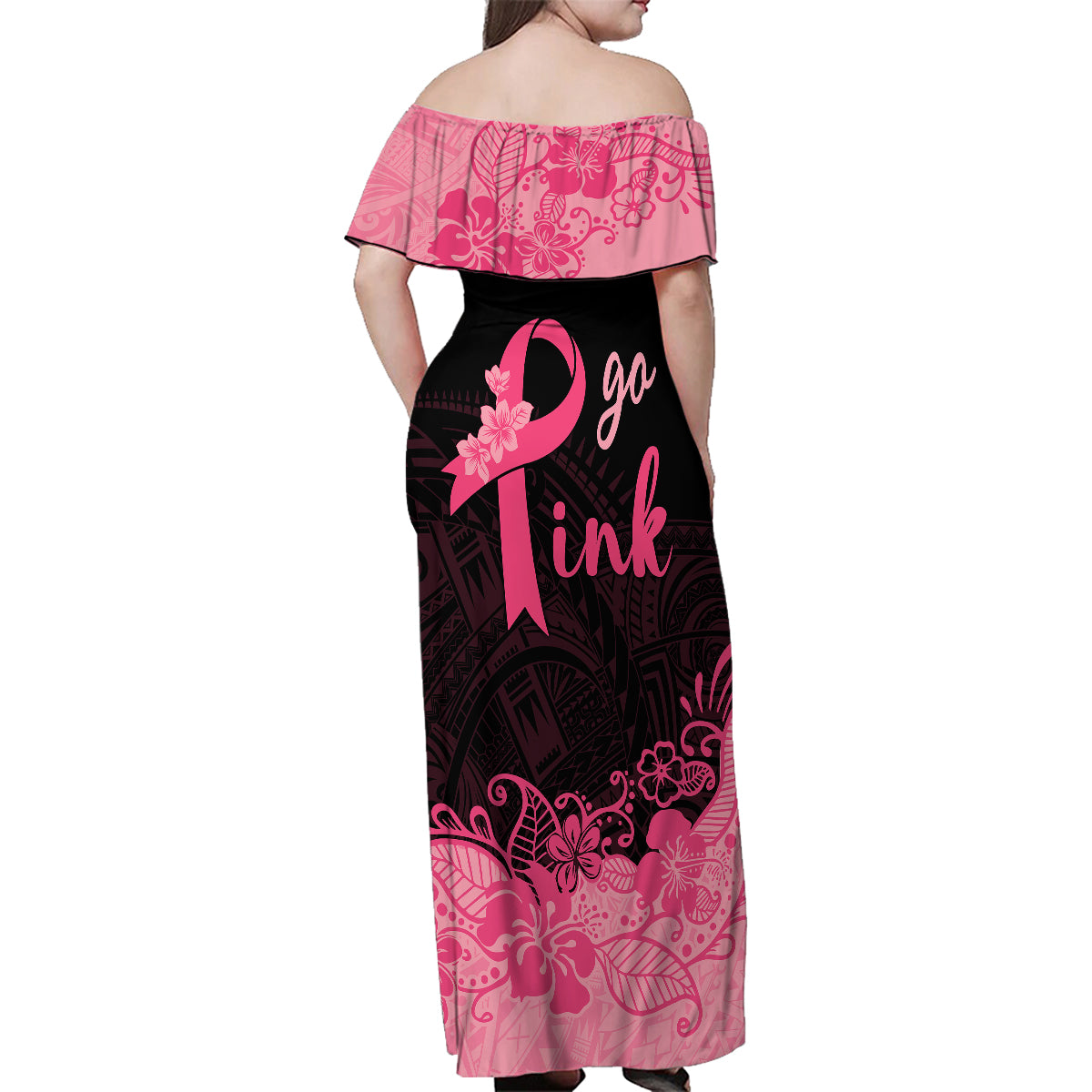 Polynesian Family Matching Off Shoulder Maxi Dress and Hawaiian Shirt Plumeria Breast Cancer Awareness Survivor Ribbon Pink LT7 - Polynesian Pride