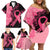Polynesian Family Matching Off Shoulder Short Dress and Hawaiian Shirt Plumeria Breast Cancer Awareness Survivor Ribbon Pink LT7 - Polynesian Pride