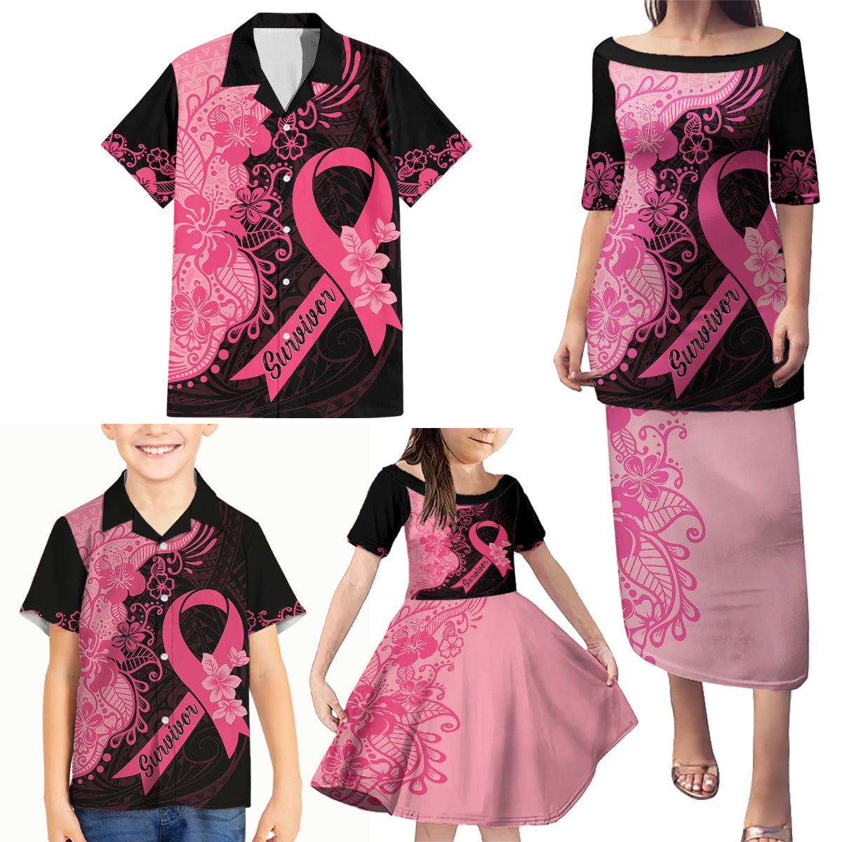 Polynesian Family Matching Puletasi Dress and Hawaiian Shirt Plumeria Breast Cancer Awareness Survivor Ribbon Pink LT7 - Polynesian Pride
