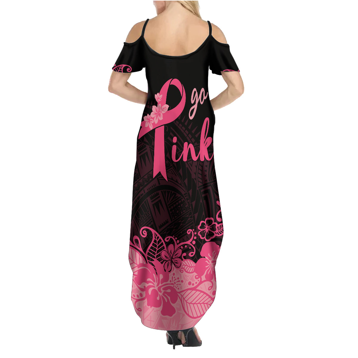Polynesian Family Matching Summer Maxi Dress and Hawaiian Shirt Plumeria Breast Cancer Awareness Survivor Ribbon Pink LT7 - Polynesian Pride