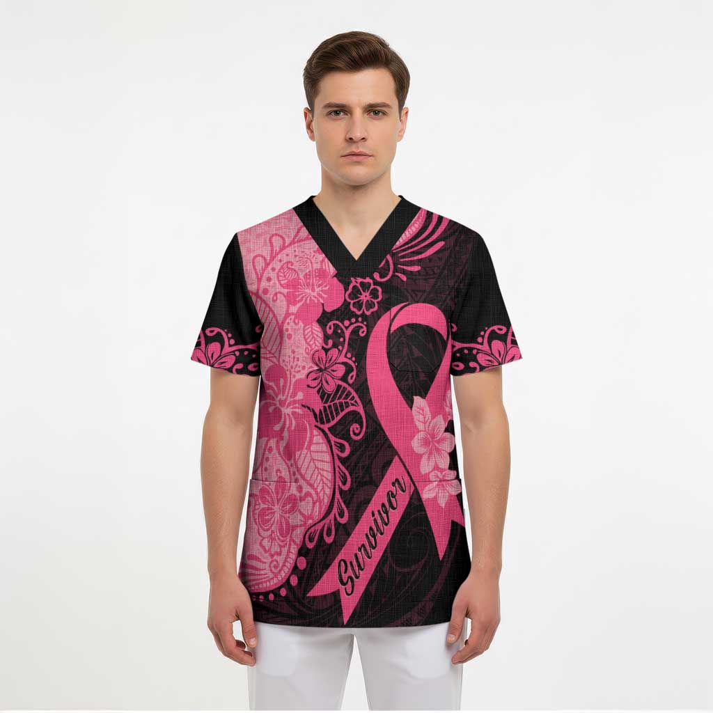 Polynesian Scrub Top Plumeria Breast Cancer Awareness Survivor Ribbon Pink - Polynesian Pride