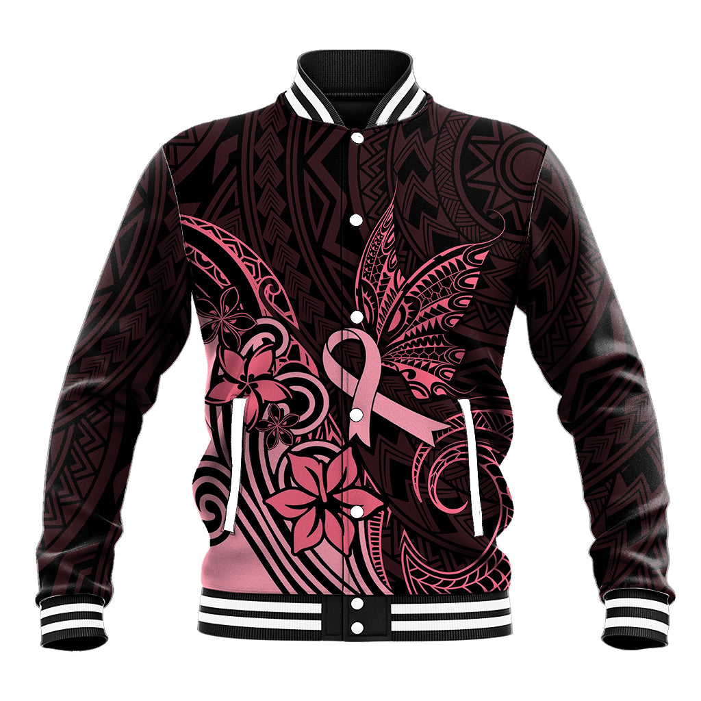 Polynesian Baseball Jacket Breast Cancer RIbbon Butterfly Mix Plumeria Curves Pink LT7 Unisex Black Pink - Polynesian Pride