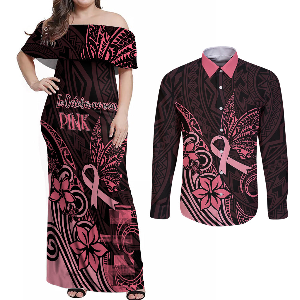 Polynesian Couples Matching Off Shoulder Maxi Dress and Long Sleeve Button Shirts Breast Cancer RIbbon Butterfly Mix Plumeria Curves Pink LT7 Black Pink - Polynesian Pride