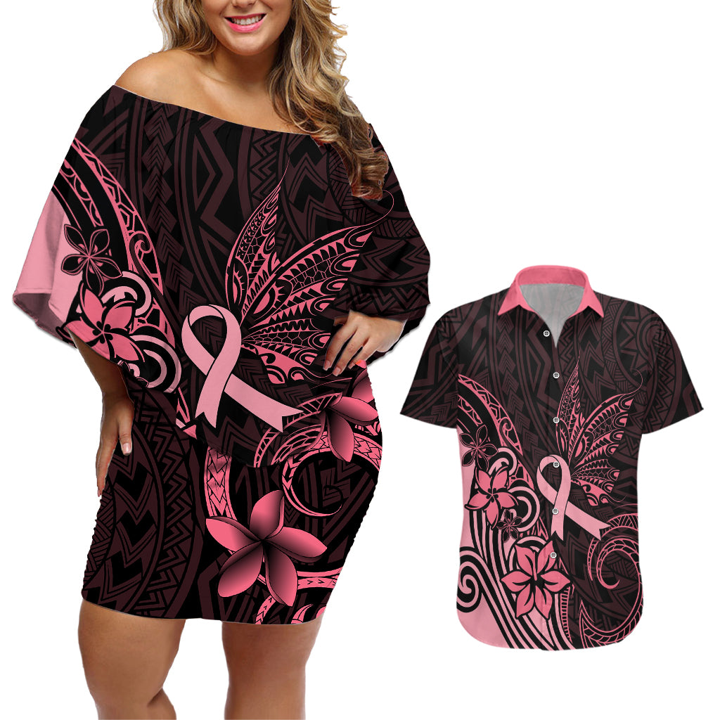 Polynesian Couples Matching Off Shoulder Short Dress and Hawaiian Shirt Breast Cancer RIbbon Butterfly Mix Plumeria Curves Pink LT7 Black Pink - Polynesian Pride