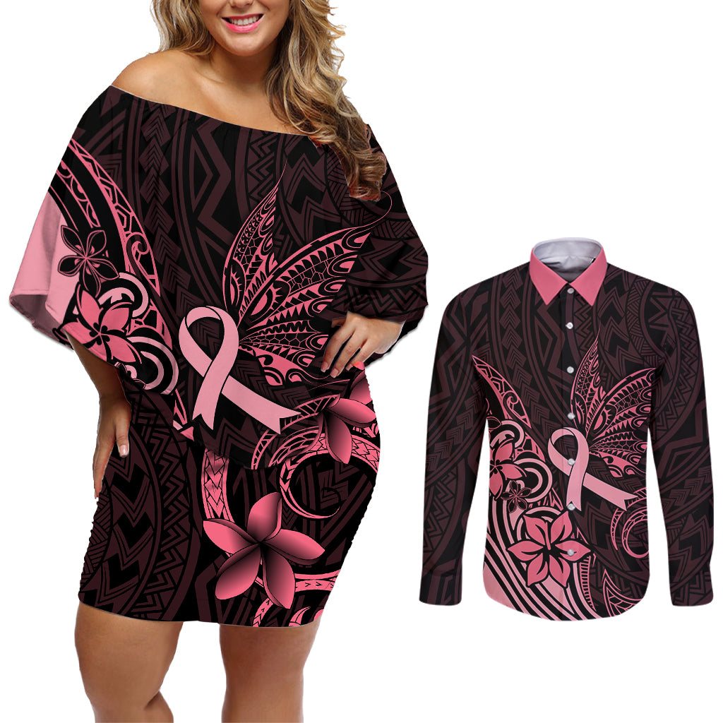 Polynesian Couples Matching Off Shoulder Short Dress and Long Sleeve Button Shirts Breast Cancer RIbbon Butterfly Mix Plumeria Curves Pink LT7 Black Pink - Polynesian Pride