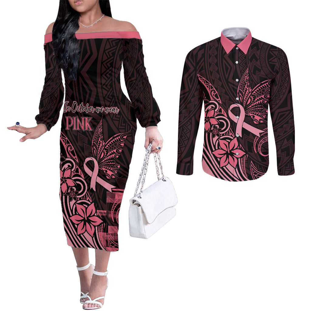 Polynesian Couples Matching Off The Shoulder Long Sleeve Dress and Long Sleeve Button Shirts Breast Cancer RIbbon Butterfly Mix Plumeria Curves Pink LT7 Black Pink - Polynesian Pride