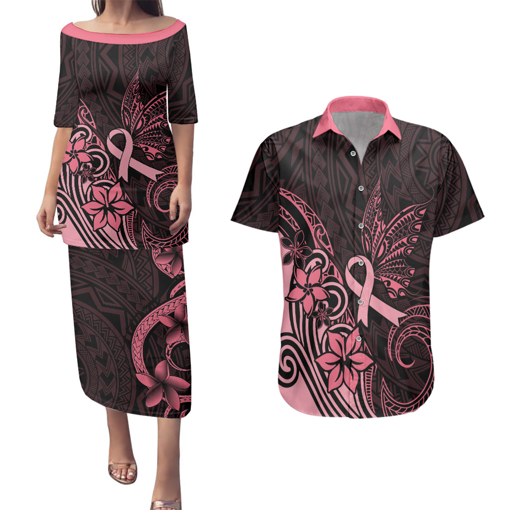 Polynesian Couples Matching Puletasi Dress and Hawaiian Shirt Breast Cancer RIbbon Butterfly Mix Plumeria Curves Pink LT7 Black Pink - Polynesian Pride