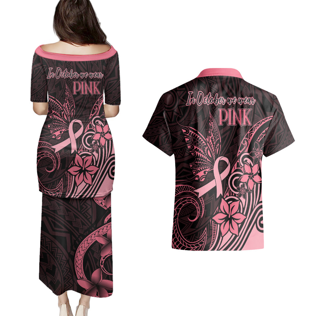 Polynesian Couples Matching Puletasi Dress and Hawaiian Shirt Breast Cancer RIbbon Butterfly Mix Plumeria Curves Pink LT7 - Polynesian Pride