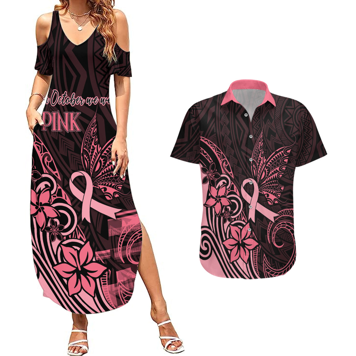 Polynesian Couples Matching Summer Maxi Dress and Hawaiian Shirt Breast Cancer RIbbon Butterfly Mix Plumeria Curves Pink LT7 Black Pink - Polynesian Pride