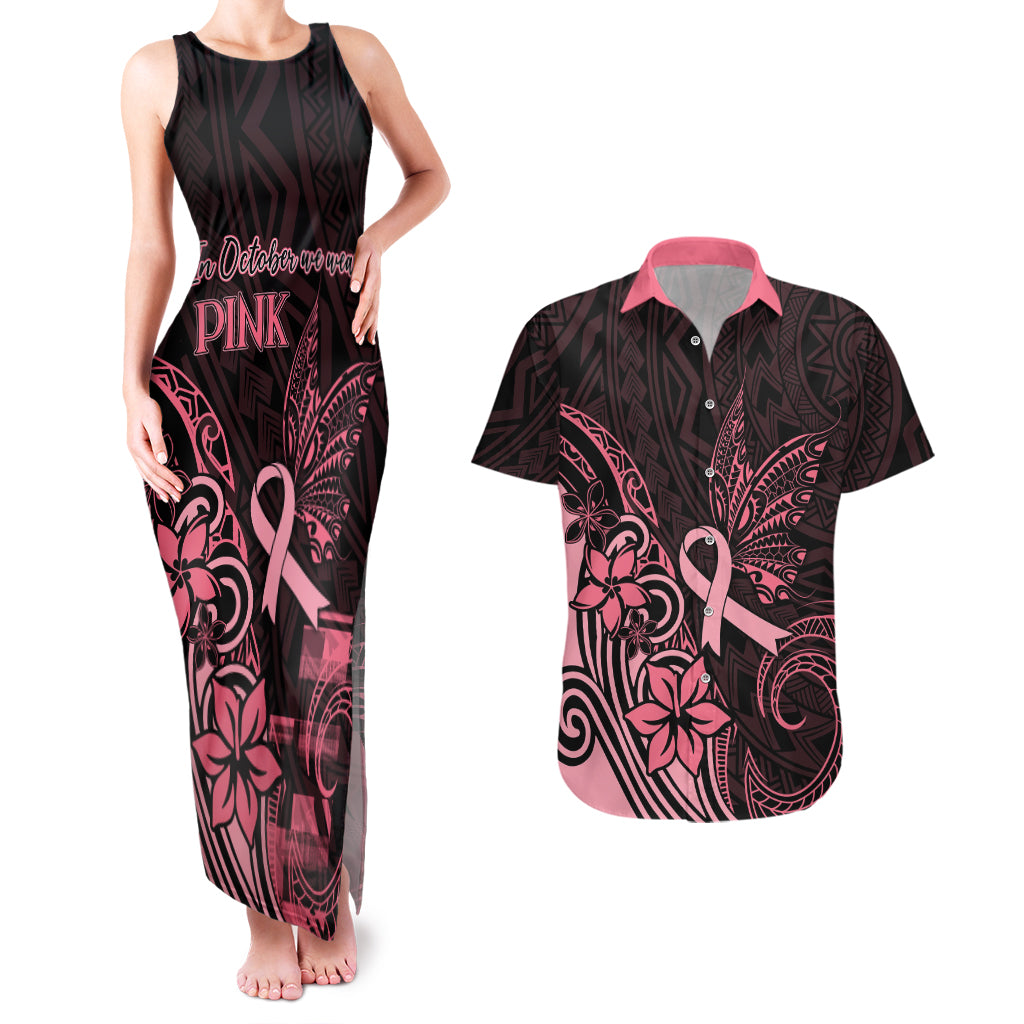 Polynesian Couples Matching Tank Maxi Dress and Hawaiian Shirt Breast Cancer RIbbon Butterfly Mix Plumeria Curves Pink LT7 Black Pink - Polynesian Pride