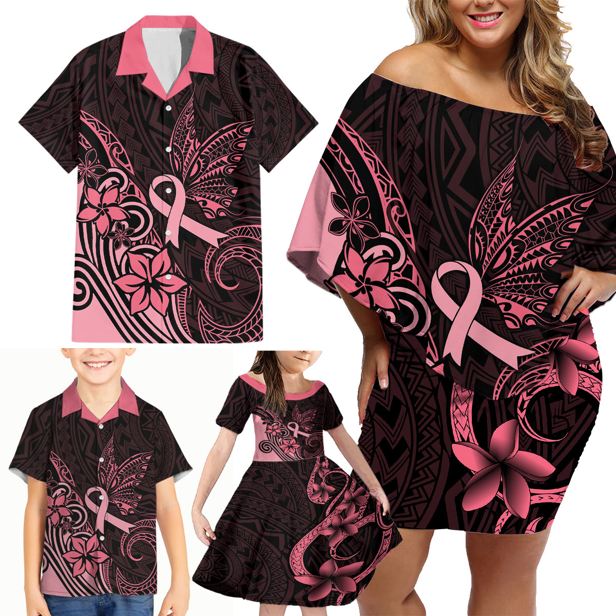 Polynesian Family Matching Off Shoulder Short Dress and Hawaiian Shirt Breast Cancer RIbbon Butterfly Mix Plumeria Curves Pink LT7 - Polynesian Pride