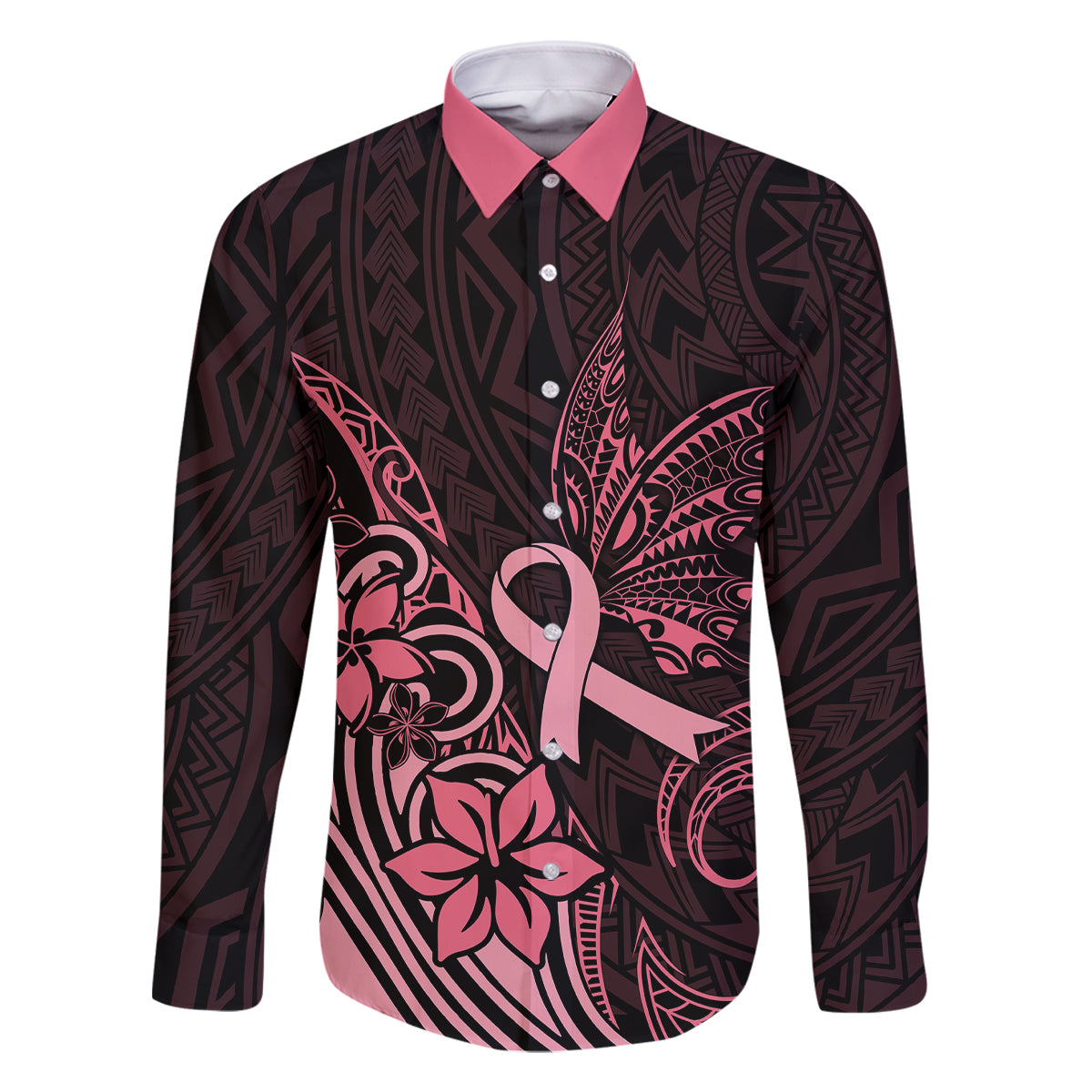 Polynesian Family Matching Puletasi Dress and Hawaiian Shirt Breast Cancer RIbbon Butterfly Mix Plumeria Curves Pink LT7 Dad's Shirt - Long Sleeve Black Pink - Polynesian Pride
