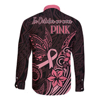 Polynesian Long Sleeve Button Shirt Breast Cancer RIbbon Butterfly Mix Plumeria Curves Pink LT7 - Polynesian Pride