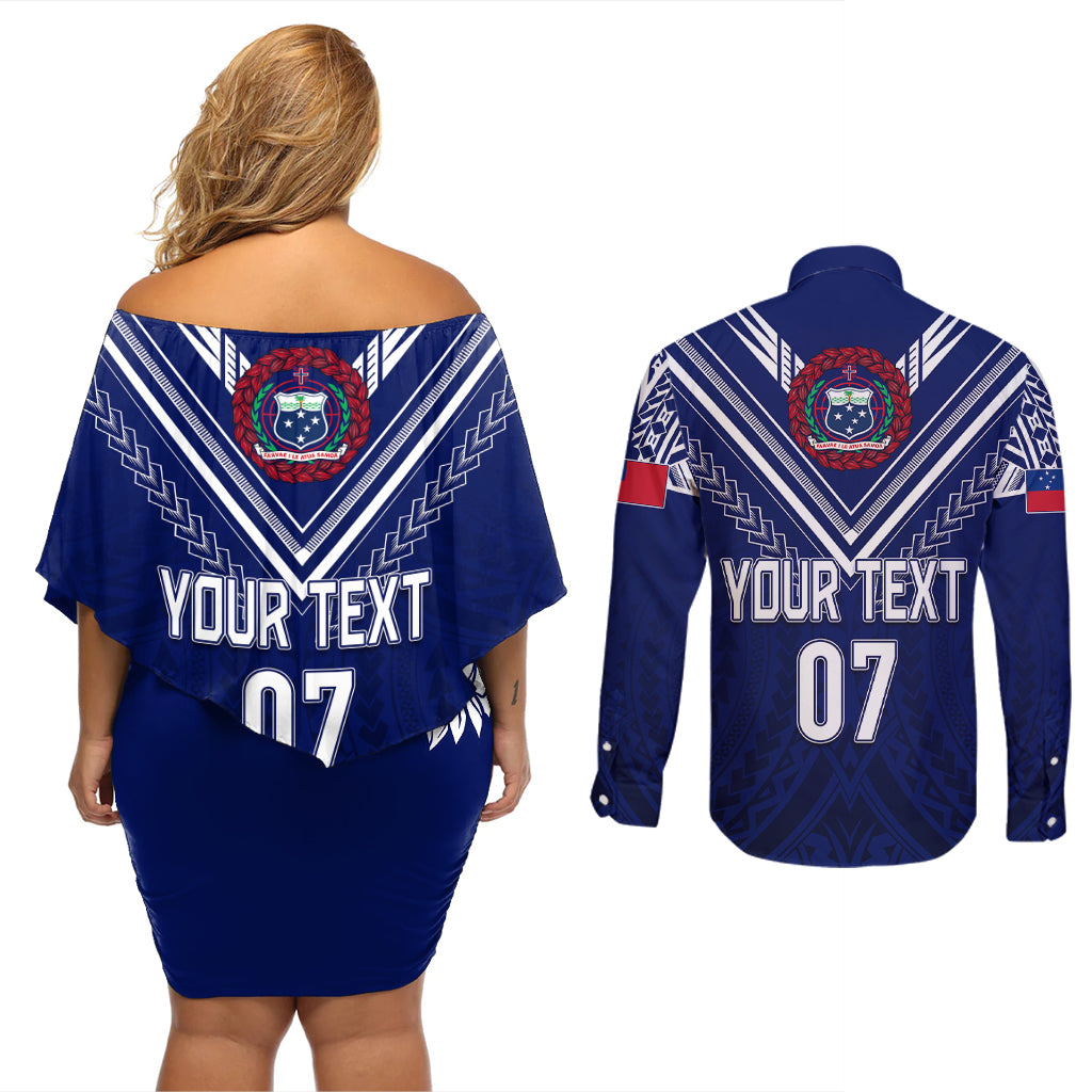 Personalised Samoa Rugby Couples Matching Off Shoulder Short Dress and Long Sleeve Button Shirts World Cup 2023 Siamupini Siva Tau LT7 - Polynesian Pride