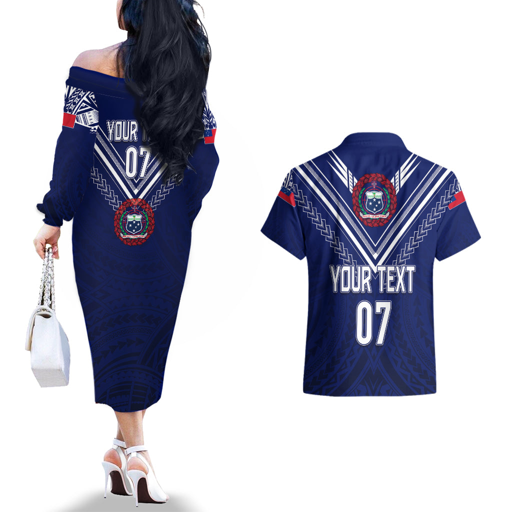 Personalised Samoa Rugby Couples Matching Off The Shoulder Long Sleeve Dress and Hawaiian Shirt World Cup 2023 Siamupini Siva Tau LT7 - Polynesian Pride
