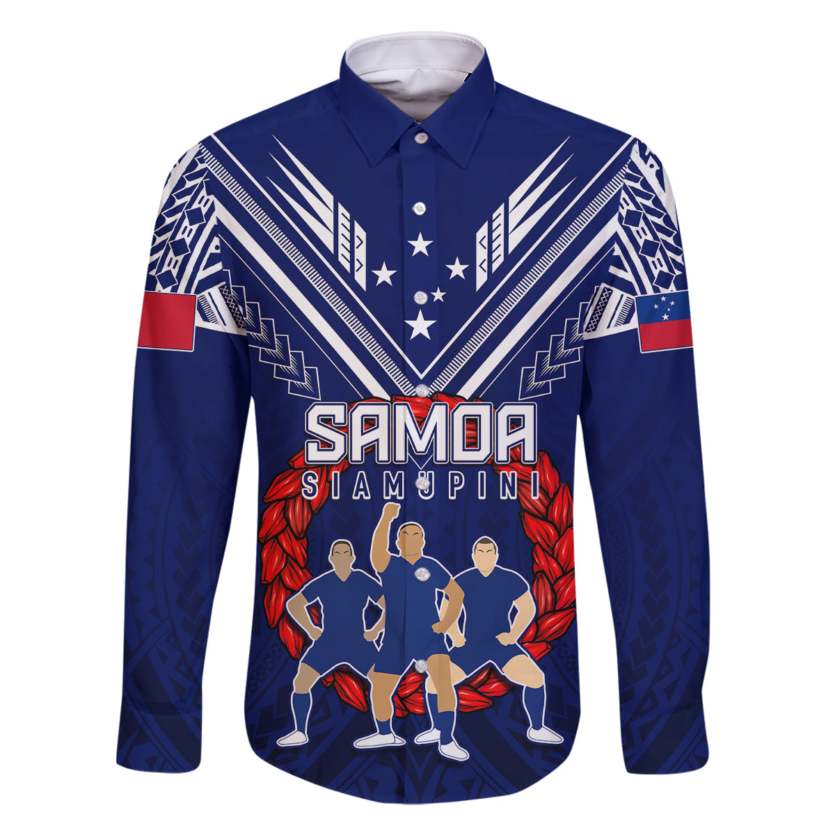 Personalised Samoa Rugby Family Matching Off Shoulder Long Sleeve Dress and Hawaiian Shirt World Cup 2023 Siamupini Siva Tau LT7 Dad's Shirt - Long Sleeve Blue - Polynesian Pride
