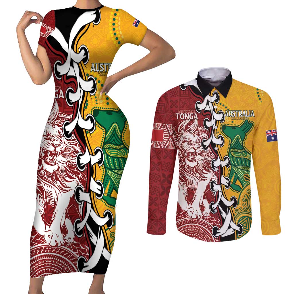 Mate Ma'a Tonga Vs Australia Rugby Personalized Couples Matching Short Sleeve Bodycon Dress and Long Sleeve Button Shirt Special Mascots