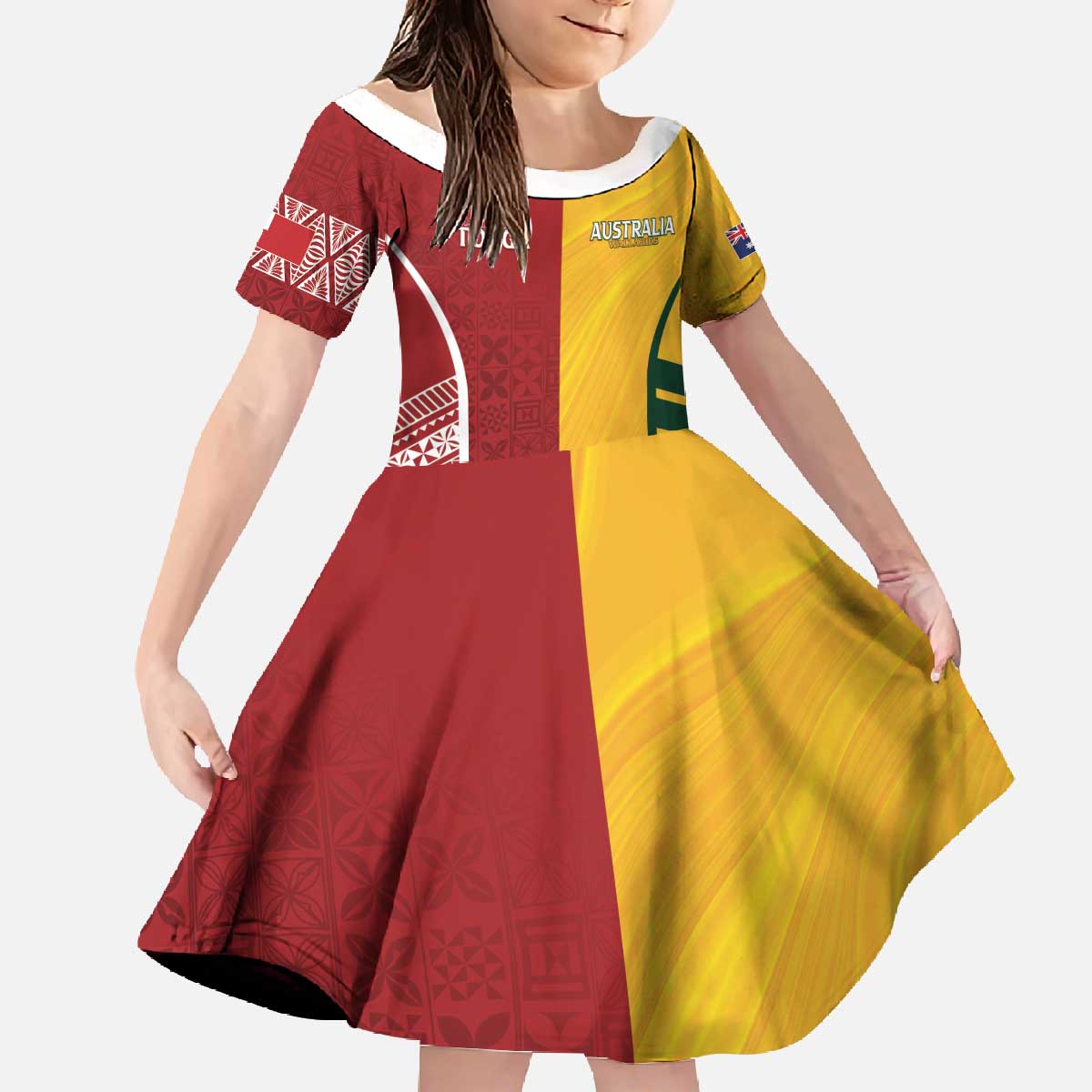 Australia - Tonga Rugby Custom Family Matching Off The Shoulder Long Sleeve Dress and Hawaiian Shirt Minimalist Dynamic LT7 Daughter's Dress Colorful - Polynesian Pride