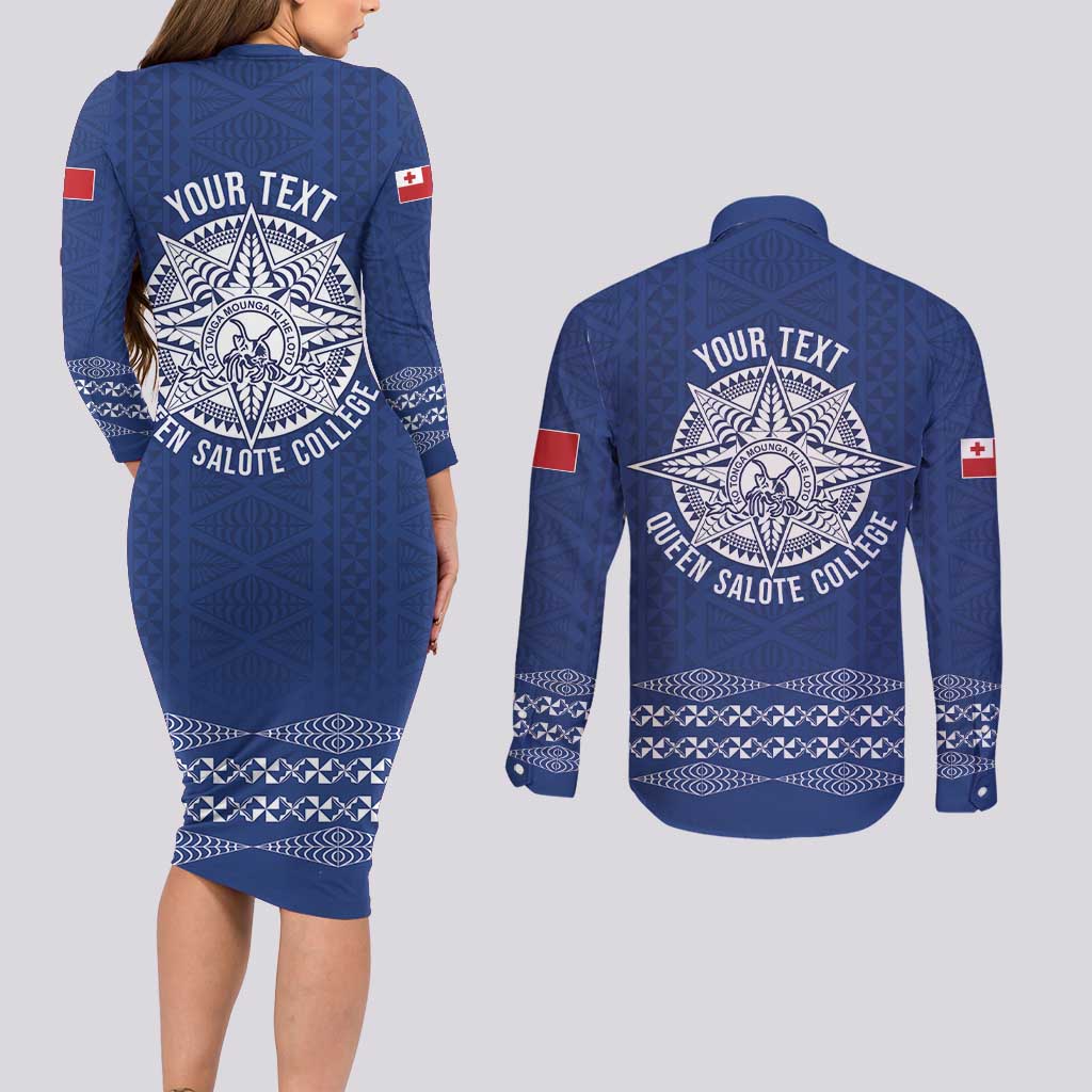Queen Salote College 100 Years Anniversary Personalized Couples Matching Long Sleeve Bodycon Dress and Long Sleeve Button Shirt Tonga QSC Royal Blue - Polynesian Pride