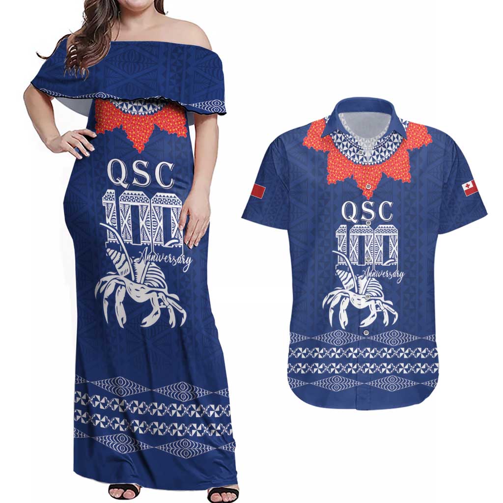 Queen Salote College 100 Years Anniversary Personalized Couples Matching Off Shoulder Maxi Dress and Hawaiian Shirt Tonga QSC Royal Blue - Polynesian Pride