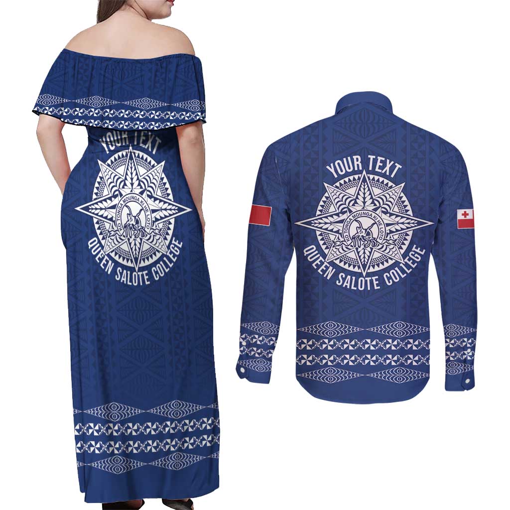 Queen Salote College 100 Years Anniversary Personalized Couples Matching Off Shoulder Maxi Dress and Long Sleeve Button Shirt Tonga QSC Royal Blue - Polynesian Pride