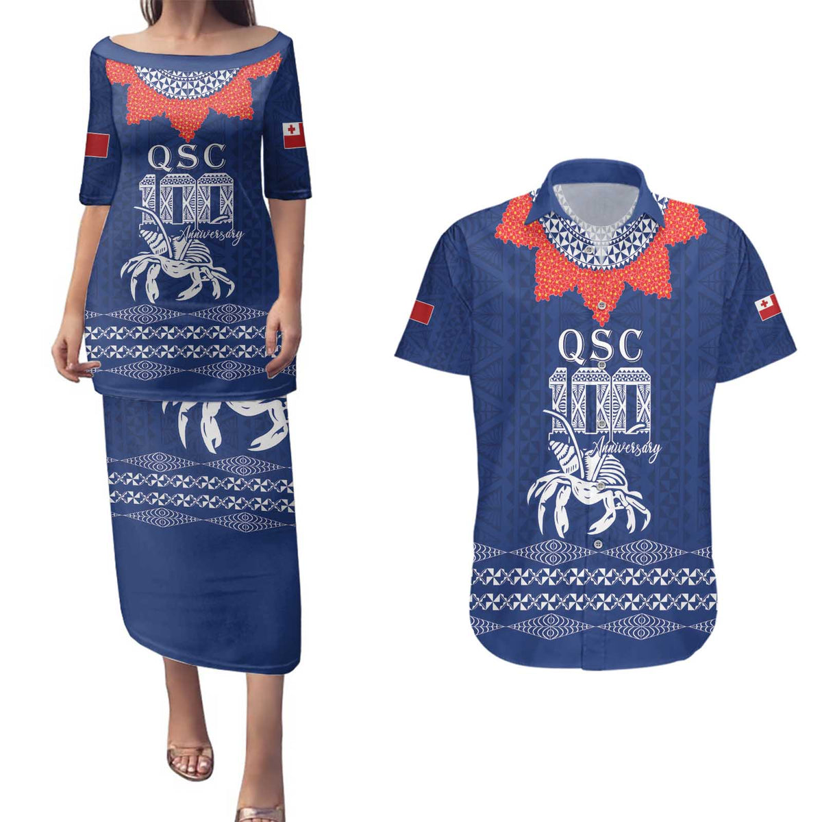 Queen Salote College 100 Years Anniversary Personalized Couples Matching Puletasi and Hawaiian Shirt Tonga QSC Royal Blue - Polynesian Pride