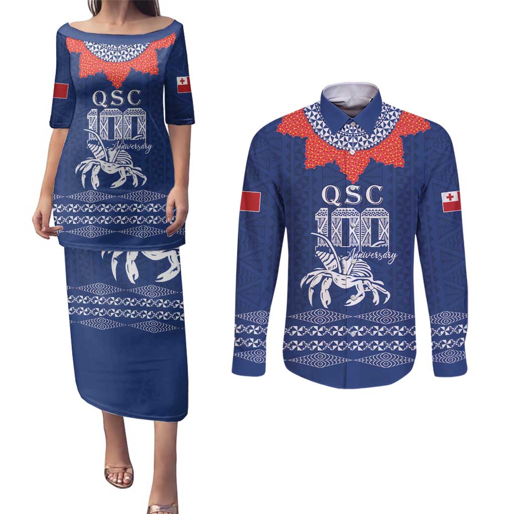 Queen Salote College 100 Years Anniversary Personalized Couples Matching Puletasi and Long Sleeve Button Shirt Tonga QSC Royal Blue - Polynesian Pride