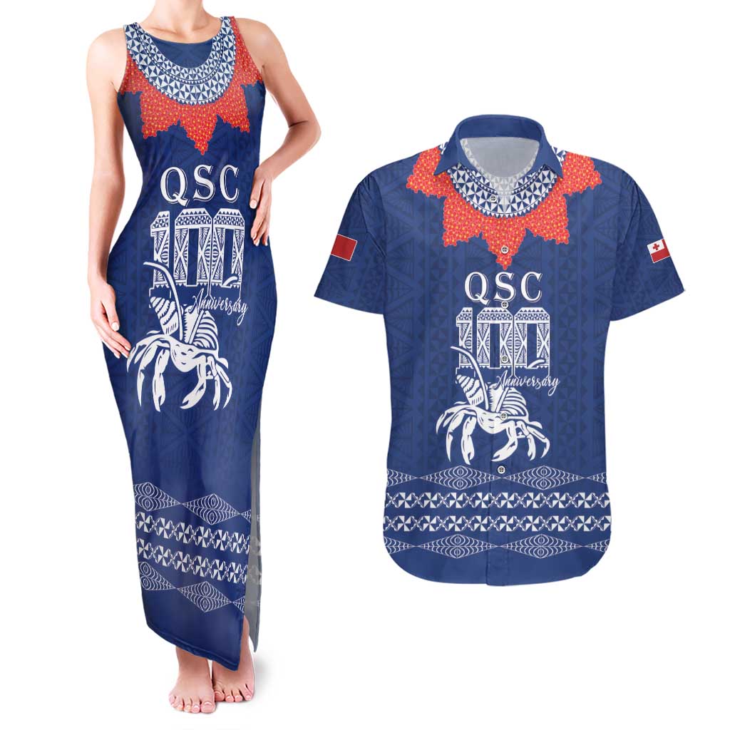 Queen Salote College 100 Years Anniversary Personalized Couples Matching Tank Maxi Dress and Hawaiian Shirt Tonga QSC Royal Blue - Polynesian Pride
