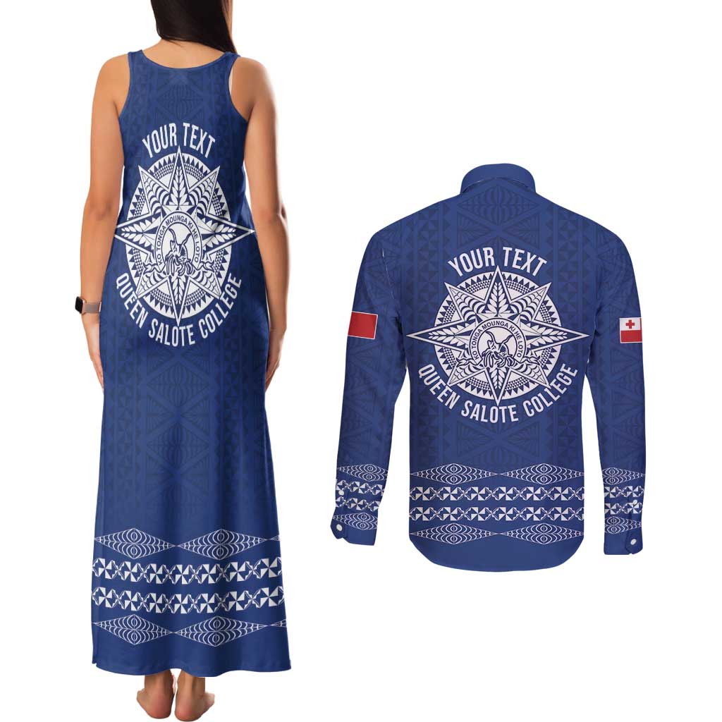 Queen Salote College 100 Years Anniversary Personalized Couples Matching Tank Maxi Dress and Long Sleeve Button Shirt Tonga QSC Royal Blue - Polynesian Pride