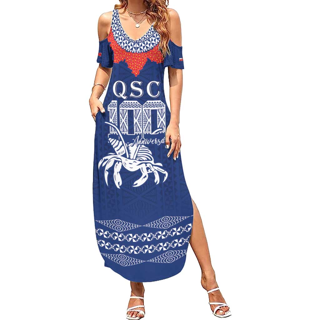 Queen Salote College 100 Years Anniversary Personalized Family Matching Summer Maxi Dress and Hawaiian Shirt Tonga QSC Royal Blue - Polynesian Pride
