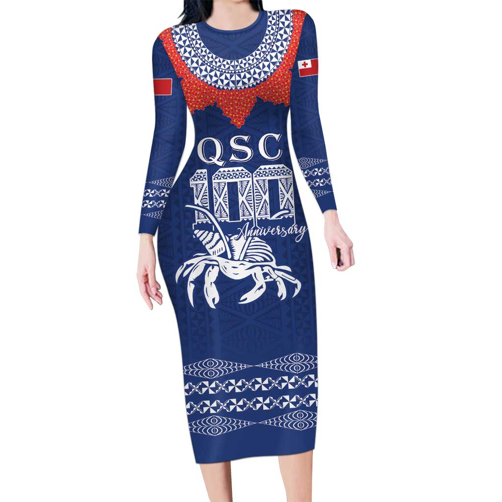 Queen Salote College 100 Years Anniversary Personalized Long Sleeve Bodycon Dress Tonga QSC Royal Blue - Polynesian Pride