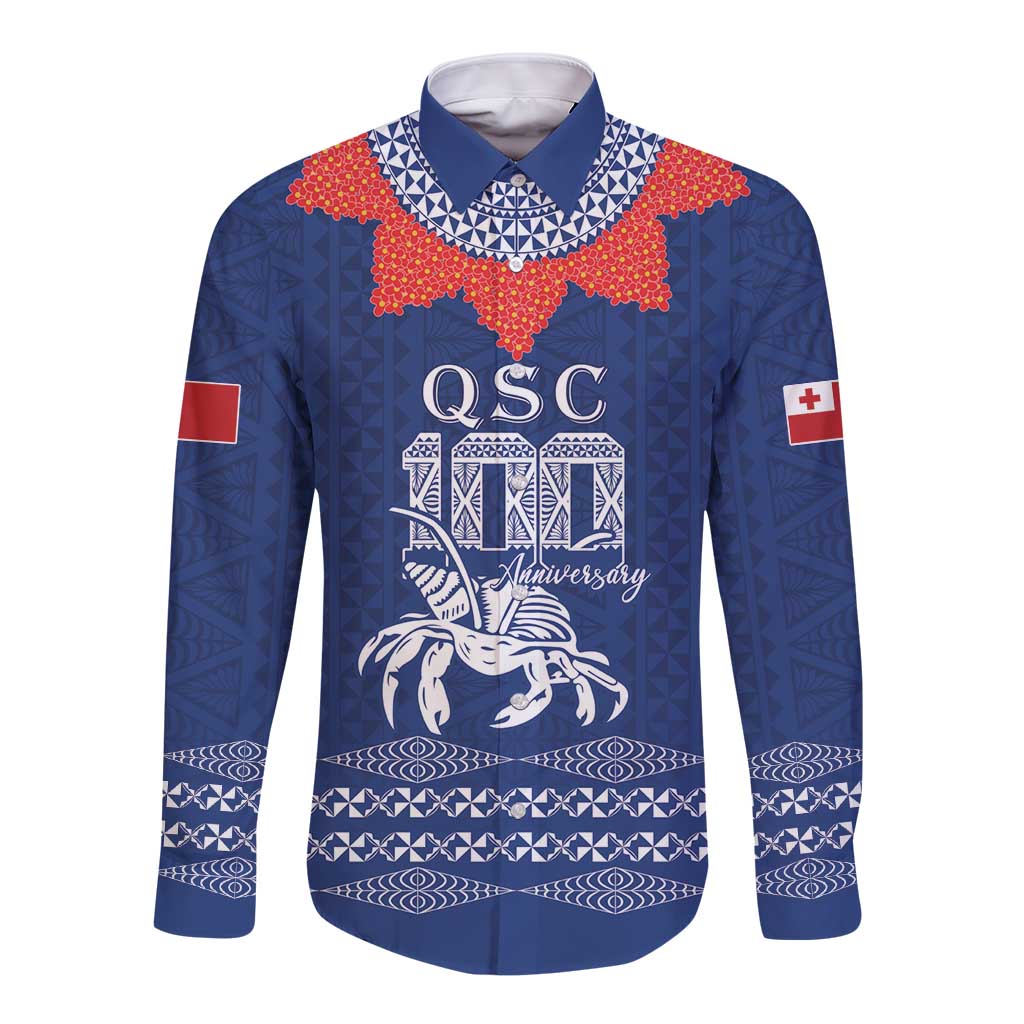 Queen Salote College 100 Years Anniversary Personalized Long Sleeve Button Shirt Tonga QSC Royal Blue - Polynesian Pride