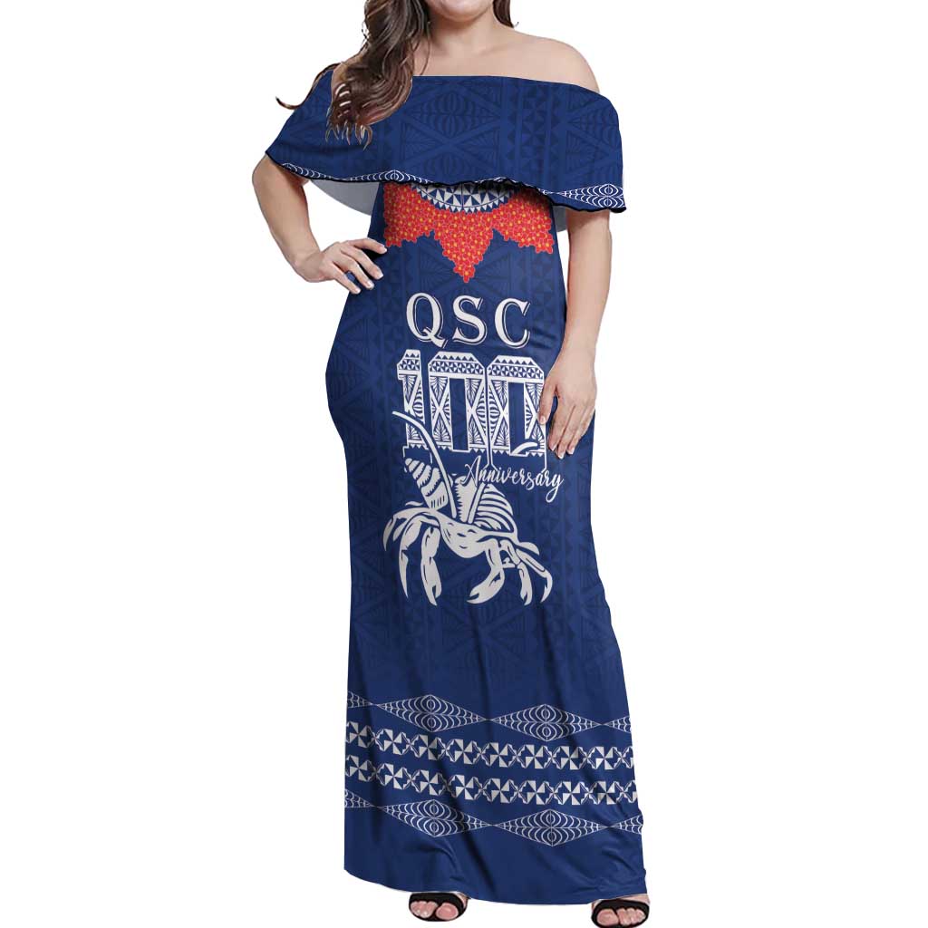 Queen Salote College 100 Years Anniversary Personalized Off Shoulder Maxi Dress Tonga QSC Royal Blue - Polynesian Pride