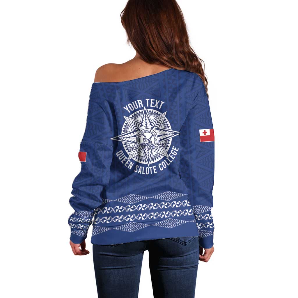 Queen Salote College 100 Years Anniversary Personalized Off Shoulder Sweater Tonga QSC Royal Blue - Polynesian Pride