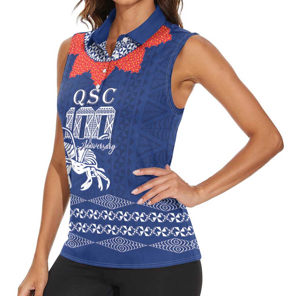 Queen Salote College 100 Years Anniversary Personalized Women Sleeveless Polo Shirt Tonga QSC Royal Blue - Polynesian Pride