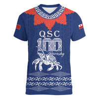 Queen Salote College 100 Years Anniversary Personalized Women V-Neck T-Shirt Tonga QSC Royal Blue - Polynesian Pride