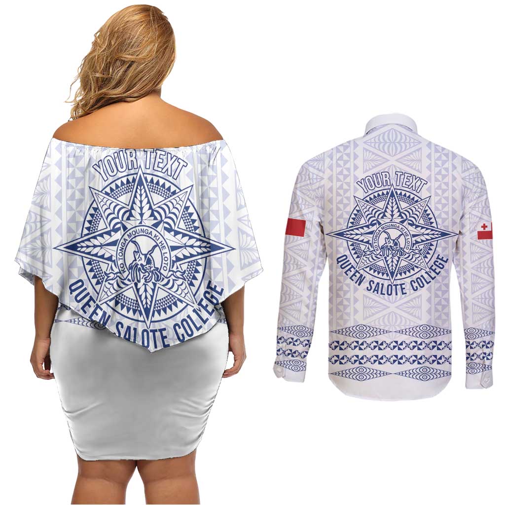 Queen Salote College 100 Years Anniversary Personalized Couples Matching Off Shoulder Short Dress and Long Sleeve Button Shirt Tonga QSC White - Polynesian Pride