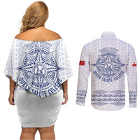 Queen Salote College 100 Years Anniversary Personalized Couples Matching Off Shoulder Short Dress and Long Sleeve Button Shirt Tonga QSC White - Polynesian Pride