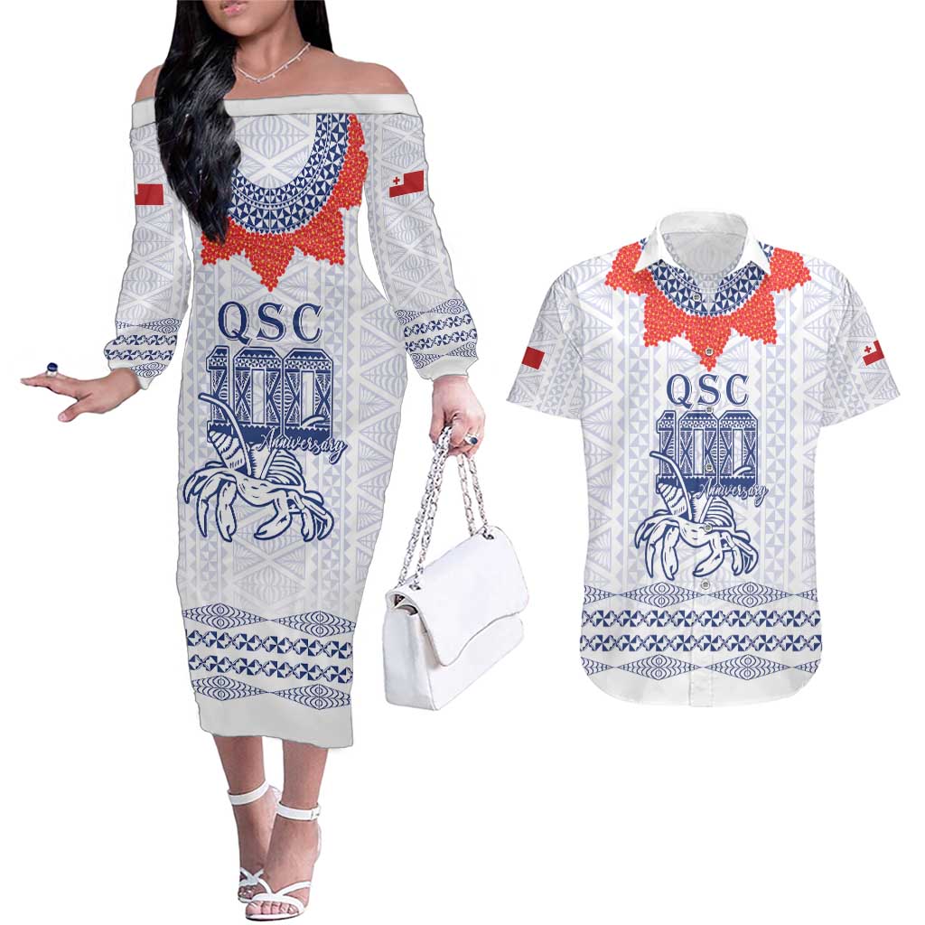 Queen Salote College 100 Years Anniversary Personalized Couples Matching Off The Shoulder Long Sleeve Dress and Hawaiian Shirt Tonga QSC White - Polynesian Pride