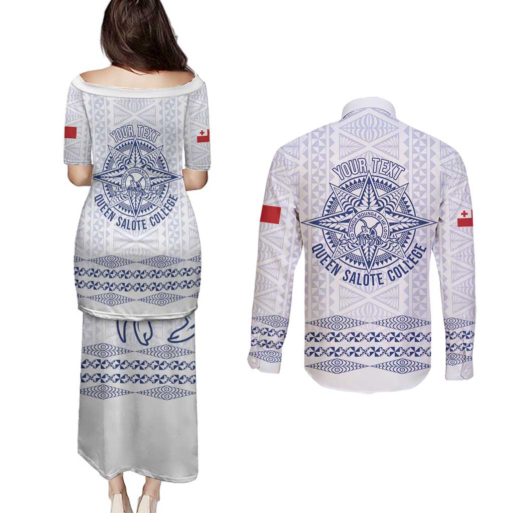 Queen Salote College 100 Years Anniversary Personalized Couples Matching Puletasi and Long Sleeve Button Shirt Tonga QSC White - Polynesian Pride